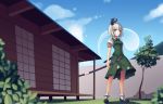  1girl absurdres black_footwear black_neckwear blue_eyes blue_sky boa_(brianoa) bow bowtie bush clouds commentary eyebrows_visible_through_hair grass green_skirt green_vest hair_ornament hairband highres holding holding_sword holding_weapon house katana konpaku_youmu konpaku_youmu_(ghost) looking_at_viewer parted_lips puffy_short_sleeves puffy_sleeves shoes short_sleeves silver_hair skirt sky socks solo sword touhou tree vest weapon white_legwear 