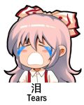  1girl arms_at_sides bangs blue_tears blush_stickers bow chibi chinese closed_eyes commentary_request crying dress_shirt ears_visible_through_hair english eyebrows_visible_through_hair fujiwara_no_mokou hair_between_eyes hair_bow hair_ribbon long_hair lowres open_mouth ranguage ribbon shangguan_feiying shirt simple_background solo suspenders touhou translation_request white_background white_shirt 