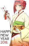  1girl 2018 alternate_costume alternate_hairstyle ark_royal_(kantai_collection) arrow asakawa_(outeq) bangs bell blue_eyes blunt_bangs blush bob_cut closed_mouth commentary cowboy_shot flower hair_flower hair_ornament hamaya japanese_clothes kantai_collection kimono long_sleeves looking_at_viewer obi red_flower red_rose redhead rose sash short_hair simple_background smile solo white_background wide_sleeves 