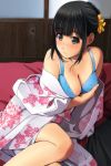  1girl bangs bare_shoulders black_eyes black_hair blue_bra blush bra breasts cleavage closed_mouth commentary_request covering covering_breasts eyebrows_visible_through_hair fingernails floral_print hair_ribbon highres indoors japanese_clothes kimono legs long_sleeves looking_at_viewer matsunaga_kouyou medium_breasts off_shoulder original ribbon sidelocks sitting solo underwear wide_sleeves yellow_ribbon 