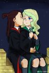  2girls blonde_hair blue_eyes brown_hair cheek_kiss closed_eyes commentary_request diana_cavendish hair_ribbon harry_potter hogwarts_school_uniform hug hug_from_behind kagari_atsuko kiss little_witch_academia multiple_girls one_eye_closed ribbon sky star_(sky) starry_sky yuri 