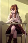  1girl artist_name bangs boots bow brown_dress brown_footwear brown_hair casual chair closed_mouth commentary cropped_jacket doki_doki_literature_club dress feet_out_of_frame green_eyes hair_bow highres holding_mug indoors jacket jewelry legs_crossed long_hair long_sleeves looking_to_the_side monika_(doki_doki_literature_club) necklace ponytail shadow shiryuu_akira sidelocks sitting smile solo sunlight table very_long_hair white_jacket 