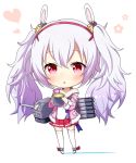  1girl :o animal_ears azur_lane bangs blush camisole cannon chibi eyebrows_visible_through_hair full_body fur-trimmed_jacket fur_trim hair_between_eyes hair_ornament hairband heart highres holding jacket kyuujou_komachi laffey_(azur_lane) long_hair long_sleeves off_shoulder parted_lips pink_jacket pleated_skirt rabbit_ears red_eyes red_footwear red_hairband red_skirt searchlight silver_hair skirt solo strap_slip thigh-highs torpedo turret twintails very_long_hair white_background white_camisole white_legwear 