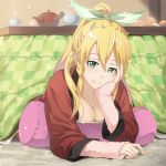  1girl blonde_hair blush breasts chin_rest cleavage collarbone green_eyes green_ribbon hair_between_eyes hair_ribbon high_ponytail indoors jacket kotatsu leafa long_hair looking_at_viewer lying medium_breasts multiple_girls on_stomach pillow pink_sweater pointy_ears ponytail red_jacket ribbon smile solo sweater sword_art_online table under_kotatsu under_table 