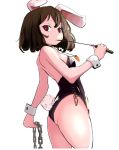  1girl alternate_costume animal_ears ass bare_arms bare_legs bare_shoulders breasts brown_hair bunny_tail bunnysuit carrot_necklace chains from_side inaba_tewi looking_at_viewer rabbit_ears red_eyes simple_background small_breasts solo standing tail torso_(hjk098) touhou whip white_background wrist_cuffs 