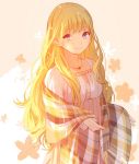  1girl bangs blonde_hair blush closed_mouth collarbone floral_background fringe high-waist_skirt jewelry long_hair long_sleeves looking_at_viewer natural_wind necklace original pink_skirt plaid shawl shirt skirt smile solo straight_hair upper_body violet_eyes wavy_hair white_shirt 
