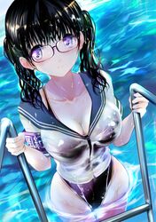  1girl absurdres armband black_hair black_swimsuit breasts cleavage competition_swimsuit cowboy_shot highres long_hair looking_at_viewer ogata_tei one-piece_swimsuit original pool_ladder sailor_collar sailor_shirt see-through shirt smile solo swimsuit twintails violet_eyes water wet wet_clothes 