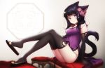  bell black_hair blurry breasts china_dress chinese_clothes cleavage commission dress elbow_gloves eventh7 facial_mark final_fantasy final_fantasy_xiv flower gloves hair_flower hair_ornament highres long_hair looking_at_viewer miqo&#039;te panties shoe_dangle side-tie_panties side_slit simple_background thigh-highs underwear violet_eyes 