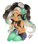  1girl bare_arms bare_shoulders black_hair breasts cephalopod_eyes cleavage cowboy_shot crop_top cropped_vest dark_skin fingerless_gloves gloves green_eyes green_hair green_legwear green_skin hands_on_own_cheeks hands_on_own_face hands_up headphones iida_(splatoon) isamu-ki_(yuuki) long_hair looking_to_the_side marker_(medium) midriff mole mole_under_mouth multicolored multicolored_hair multicolored_skin navel navel_piercing octarian pantyhose pantyhose_under_shorts piercing pink_pupils shorts signature simple_background sitting solo splatoon splatoon_2 stomach suction_cups tentacle_hair traditional_media unzipped vest white_background zipper zipper_pull_tab 