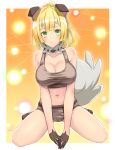  1girl alternate_breast_size animal_ears blonde_hair breasts cleavage cosplay dog_ears dog_tail green_eyes highres lillie_(pokemon) long_hair pokemon pokemon_(game) pokemon_sm ponytail rockruff rockruff_(cosplay) solo tail takecha 