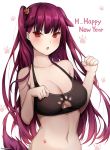  1girl :o animal_ears bare_arms bare_shoulders blush breasts cleavage cleavage_cutout collarbone dog_ears girls_frontline hair_ornament happy_new_year kemonomimi_mode large_breasts long_hair navel new_year one_side_up open_mouth paw_background paw_hair_ornament paw_pose purple_hair red_eyes solo sports_bra stomach straight_hair stutter tsurime upper_body very_long_hair wa2000_(girls_frontline) white_background yeoohdam 