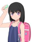  1girl backpack bag black_hair blush bubukka candy character_request closed_mouth competition_school_swimsuit crime_prevention_buzzer eyebrows_visible_through_hair food looking_at_viewer short_hair simple_background sleeveless smile solo swimsuit violet_eyes white_background 