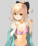  1girl ahoge bangs bare_shoulders black_bow blonde_hair blush bow bra breasts cleavage closed_mouth ears_visible_through_hair eyebrows_visible_through_hair fate_(series) grey_background hair_bow hands_up koha-ace long_sleeves medium_breasts navel off_shoulder okita_souji_(fate) open_clothes panties pink_bra pink_panties ponytail short_hair shovelwell simple_background smile solo stomach underwear upper_body w_arms wide_sleeves yellow_eyes 