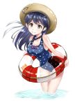 1girl 2018 ahoge akito_(pixiv3623507) bare_shoulders black_hair blue_swimsuit blush breasts brown_eyes date hat innertube kantai_collection leaning_forward long_hair looking_at_viewer medium_breasts one-piece_swimsuit polka_dot polka_dot_swimsuit smile solo straw_hat swimsuit ushio_(kantai_collection) water 