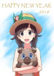  2018 :d animal blue_background blue_eyes braid brown_hair flower happy_new_year hat hat_flower holding holding_animal na_o new_year open_mouth pokemon pokemon_(creature) pokemon_(game) pokemon_sm rockruff simple_background smile sun_hat upper_body 