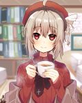  1girl ahoge bangs beret blurry blurry_background book bookshelf brown_jacket closed_mouth coffee coffee_cup commentary_request cup depth_of_field eyebrows_visible_through_hair hair_between_eyes hair_ornament hat head_tilt holding holding_cup indoors jacket light_brown_hair long_sleeves looking_at_viewer off_shoulder omuretsu original red_eyes red_hat red_sweater smile solo steam sweater 