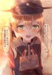  1girl anchor_hair_ornament blonde_hair green_eyes hair_ornament hat iron_cross kantai_collection looking_at_viewer low_twintails military military_hat military_uniform ootori_(kyoya-ohtori) open_mouth peaked_cap prinz_eugen_(kantai_collection) solo sunset translation_request twintails twitter_username uniform upper_body 