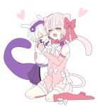  :d androgynous asame21 blush boots bow child closed_eyes detached_sleeves flat_color hair_bow hairband highres knee_boots mew mewtwo nuzzle open_mouth personification pink_bow pink_legwear pokemon purple_shorts short_hair shorts smile tail white_bow white_hair 