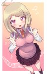  1girl ahoge akamatsu_kaede beamed_quavers blonde_hair dangan_ronpa eyebrows_visible_through_hair highres kneehighs long_hair long_sleeves looking_at_viewer musical_note musical_note_hair_ornament musical_note_print necktie new_dangan_ronpa_v3 open_mouth pleated_skirt quaver school_uniform shirt skirt solo sweater_vest violet_eyes yuuma_(yuma1111) 