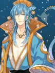  1boy air_bubble asame21 blue_background blue_hair bubble earrings grey_eyes hair_ornament huntail jewelry long_hair looking_at_viewer male_focus necklace personification pokemon solo standing tail upper_body 