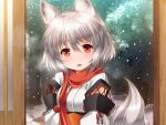  1girl :d ahoge animal_ears blush breath bush door hair_between_eyes inubashiri_momiji japanese_clothes kei_kei kimono open_mouth pom_pom_(clothes) red_eyes red_scarf sash scarf shiny shiny_hair short_hair silver_hair smile snowing solo tail tareme touhou upper_body white_kimono winter wolf_ears wolf_tail 