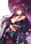  1girl alternate_costume bangs bare_shoulders bell blue_bow blush bow braid breasts cenangam cleavage closed_mouth collarbone eyebrows_visible_through_hair fate/grand_order fate_(series) floral_print glowing gradient gradient_background grey_background holding holding_umbrella japanese_clothes jingle_bell kimono large_breasts long_hair long_sleeves looking_at_viewer obi off_shoulder oriental_umbrella petals print_kimono purple_hair purple_kimono red_eyes revision sash scathach_(fate/grand_order) shiny shiny_hair side_braid smile solo sparkle straight_hair umbrella upper_body very_long_hair wide_sleeves 