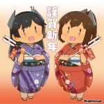  2girls :d alternate_costume black_hair brown_eyes brown_hair capriccyo chibi commentary_request gradient gradient_background hair_ornament hairclip headgear holding_arrow i-400_(kantai_collection) i-401_(kantai_collection) japanese_clothes kantai_collection kimono long_hair looking_at_viewer multiple_girls new_year open_mouth orange_background ponytail smile tan twitter_username violet_eyes |_| 