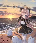  1girl 2017 ;o animal animal_ears bangs beach bell black_bow black_capelet black_dress blade_&amp;_soul blue_eyes blush bow building capelet cat_ears clouds commentary dog dress eyebrows_visible_through_hair frilled_dress frills goodbye hair_between_eyes highres horizon jingle_bell korean lighthouse long_sleeves low_twintails lyn_(blade_&amp;_soul) ocean one_eye_closed pantyhose parted_lips pink_hair sidelocks signature sky solo sun sunset tandohark tongue tongue_out translation_request twintails white_legwear 