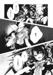  2girls asymmetrical_wings bow bowtie braid comic dress greyscale hat hat_ribbon highres hisona_(suaritesumi) houjuu_nue kirisame_marisa long_hair monochrome multiple_girls page_number ribbon short_hair single_braid thigh-highs touhou translation_request wings witch_hat 