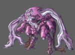  black_sclera d.va_(overwatch) dark_persona extra_arms goo_girl grey_background highres ibenz009 looking_at_viewer mecha meka_(overwatch) metallic_skin monster_girl monsterification overwatch pink_eyes shiny shiny_skin silver_hair whisker_markings 