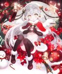  1girl bell black_bikini_top black_gloves black_legwear blush bow box candy candy_cane capelet christmas christmas_ornaments elbow_gloves fate/grand_order fate_(series) food fur_trim gift gift_box gingerbread_man gloves green_ribbon hair_ribbon headpiece heart heart_hands highres jeanne_d&#039;arc_(fate)_(all) jeanne_d&#039;arc_alter_santa_lily long_hair looking_at_viewer moemoe3345 open_mouth ribbon snowman solo striped striped_bow striped_ribbon thigh-highs wings yellow_eyes 