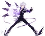  1boy absurdres add_(elsword) black_gloves black_pants black_shirt choker clenched_hand electricity elsword full_body gloves grin highres hwansang jacket looking_to_the_side lunatic_psyker_(elsword) male_focus messy_hair official_art pants shirt shoes single_pauldron smile solo standing violet_eyes white_hair 