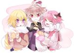  1girl 2boys ahoge astolfo_(fate) bangs black_gloves black_ribbon blonde braid brown_hair brown_sweater closed_eyes eyebrows_visible_through_hair fang fate/apocrypha fate_(series) female food gloves hair_between_eyes hair_ornament hair_ribbon holding holding_food holding_object jeanne_d&#039;arc_(fate) lem96rem long_braid long_hair long_sleeves male male_focus multicolored_hair multiple_boys otoko_no_ko pink_gloves pink_hair pink_neckwear pink_scarf pink_sweater purple_sweater red_eyes ribbon scarf short_hair sieg_(fate/apocrypha) single_braid sweater tied_hair trap two-tone_hair very_long_hair violet_eyes 