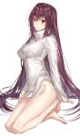  1girl breasts dress fate/grand_order fate_(series) hair_between_eyes highres large_breasts long_hair looking_at_viewer myo_ne purple_hair red_eyes scathach_(fate/grand_order) simple_background sitting smile solo sweater sweater_dress very_long_hair white_sweater 
