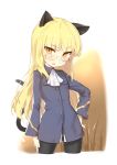  1girl animal_ears black_legwear blonde_hair blush cat_ears cat_tail glasses hand_on_hip kylin long_hair looking_at_viewer open_mouth panties panties_under_pantyhose pantyhose perrine_h_clostermann solo strike_witches tail underwear white_panties world_witches_series yellow_eyes 