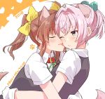  2018 2girls animal_ears black_vest blush bow brown_hair closed_eyes closed_mouth collar collared_shirt commentary_request dog_collar dog_ears dog_girl dog_tail face_licking gloves green_ribbon hair_bow hair_ornament hand_on_another&#039;s_hip happy_new_year heart highres hug kagerou_(kantai_collection) kantai_collection kemonomimi_mode licking long_hair multiple_girls new_year pink_hair ponytail red_collar ribbon shiranui_(kantai_collection) shirt short_sleeves sidelocks smile tail tail_wagging takeshima_(nia) tongue twintails vest white_gloves white_shirt year_of_the_dog yellow_bow yuri 