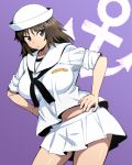  1girl anchor_symbol bandaid bangs black_eyes black_hair blouse breasts commentary_request cowboy_shot dixie_cup_hat eyebrows_visible_through_hair girls_und_panzer hands_on_hips hat highres large_breasts leaning_to_the_side long_hair long_sleeves looking_at_viewer midriff military_hat multiple_girls murakami_(girls_und_panzer) nakahira_guy navel neckerchief pleated_skirt purple_background sailor sailor_collar shirt skirt sleeves_rolled_up solo standing white_blouse white_hat white_shirt 