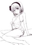 1girl bare_arms bare_shoulders barefoot blush commentary_request greyscale gym_shorts hair_ribbon hairband konpaku_youmu looking_at_viewer monochrome navel nori_tamago nose_blush ribbon short_hair shorts sidelocks simple_background sitting sketch solo tank_top_lift touhou white_background work_in_progress