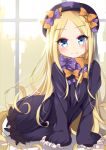  1girl abigail_williams_(fate/grand_order) agung_syaeful_anwar arm_support bangs black_bow black_dress black_hat blonde_hair bloomers blue_eyes blush bow bridge butterfly closed_mouth commentary dress eyebrows_visible_through_hair fate/grand_order fate_(series) hair_bow hat head_tilt long_hair long_sleeves looking_at_viewer orange_bow parted_bangs polka_dot polka_dot_bow sleeves_past_wrists smile solo underwear very_long_hair white_bloomers window 