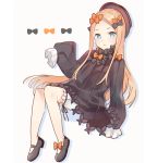  1girl :o abigail_williams_(fate/grand_order) bangs black_bow black_dress black_footwear black_hat blonde_hair bloomers blue_eyes bow butterfly commentary_request dress fate/grand_order fate_(series) forehead full_body grey_background hair_bow hat keme_(zrahornym) long_sleeves looking_at_viewer mary_janes orange_bow parted_bangs parted_lips polka_dot polka_dot_bow shoes simple_background sleeves_past_wrists solo underwear v-shaped_eyebrows white_bloomers 