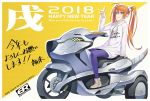  1girl 2018 \m/ ahoge ankle_boots aqua_eyes bangs blush boots brown_footwear closed_mouth clothes_writing english fukukitaru full_body ground_vehicle hair_between_eyes hair_bobbles hair_ornament hand_up happy_new_year long_sleeves looking_at_viewer motor_vehicle motorcycle new_year orange_hair original pantyhose pink_sweater purple_legwear sitting smile solo straddling sweater translated tsurime twintails two-tone_background 