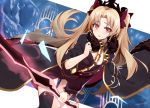  1girl :o bangs black_cape blonde_hair blush bow cape commentary cowboy_shot earrings ereshkigal_(fate/grand_order) eyebrows_visible_through_hair fate/grand_order fate_(series) fur_trim hair_bow hand_up highres holding holding_weapon infinity jewelry leaning_forward looking_at_viewer necklace parted_lips red_eyes shunichi single_thighhigh solo spine sword thigh-highs two_side_up weapon 
