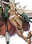  1girl belt beltbra breasts cape feet from_below guilty_gear guilty_gear_xrd hair_between_eyes hat highres holding holding_weapon long_hair looking_at_viewer navel ramlethal_valentine red_eyes short_shorts shorts soles solo thigh_strap toes under_boob weapon white_hair 