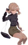  1girl absurdres alternate_costume arm_up artoria_pendragon_(all) aruterra bad_proportions bag bangs black_shirt blonde_hair breasts casual cropped_legs eyebrows_visible_through_hair fate/grand_order fate_(series) fishnet_pantyhose fishnets green_eyes green_skirt handbag highres houndstooth invisible_chair long_sleeves looking_at_viewer miniskirt pantyhose print_skirt revision saber_alter shirt short_hair sidelocks simple_background sitting skirt small_breasts solo tsurime unmoving_pattern white_background 