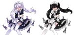  2girls :o add_(elsword) april_fools apron bell black_dress black_hair covering cropped_legs dress dual_persona elsword embarrassed frilled_dress frills genderswap genderswap_(mtf) highres hwansang juliet_sleeves knees_together_feet_apart long_hair long_sleeves maid multiple_girls official_art open_mouth puffy_sleeves silver_hair thigh-highs twintails violet_eyes white_apron white_legwear zettai_ryouiki 