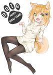  1girl 2018 absurdres animal_ears black_legwear blonde_hair dog_ears dog_tail dress green_eyes hair_ornament hairclip happy_new_year hashiko_no_woto highres new_year no_shoes open_mouth original outstretched_hand pantyhose paw_pose short_hair smile solo sweater sweater_dress tail white_sweater 