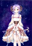  1girl bare_shoulders breasts brown_eyes cleavage collarbone cross-laced_clothes dress fur_trim holding holding_staff horns looking_at_viewer medium_breasts night night_sky original pointy_ears pom_pom_(clothes) purple_hair sheep_horns shooting_star sky staff white_dress yuu_li_(glass) 