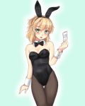  1girl alternate_costume animal_ears arm_at_side bangs bare_shoulders black_bow black_hairband black_legwear black_leotard black_neckwear blonde_hair blue_background blush bow bowtie breasts bunny_girl bunnysuit card cleavage cowboy_shot detached_collar eyebrows_visible_through_hair fake_animal_ears gomi_(gomitin) gradient gradient_background green_eyes hairband holding holding_card leotard looking_at_viewer mizuhashi_parsee pointy_ears rabbit_ears short_hair sketch small_breasts solo standing strapless strapless_leotard thigh_gap touhou wrist_cuffs 