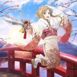  1girl :d arm_up asuna_(sao) blue_sky brown_eyes brown_hair clouds day floating_hair full_body fur_trim hair_between_eyes hair_ornament holding holding_weapon japanese_clothes jumping kimono long_hair looking_at_viewer obi open_mouth outdoors sash sidelocks sky smile snowflakes socks solo sword sword_art_online tree weapon white_legwear yukata 