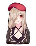  1girl beret black_jacket blonde_hair blush braid breast_pocket breasts bright_pupils character_request cleavage collarbone criss-cross_halter girls_frontline hair_over_one_eye halterneck hat highlights jacket long_hair medium_breasts multicolored_hair parted_lips pocket red_eyes red_hat ryuuno6 simple_background smile straight_hair upper_body white_background 